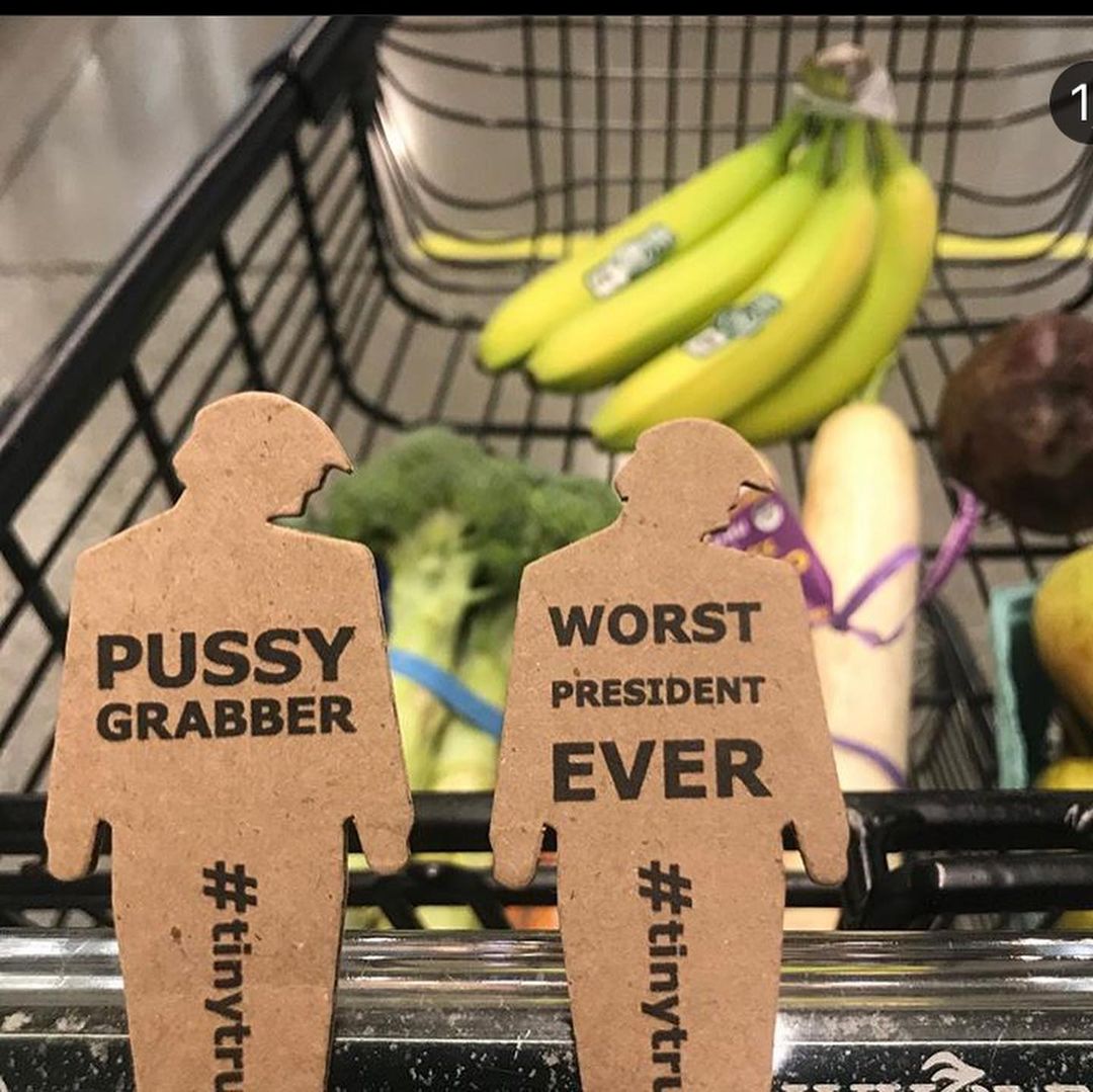 Two tiny trumps stuck to a shopping cart