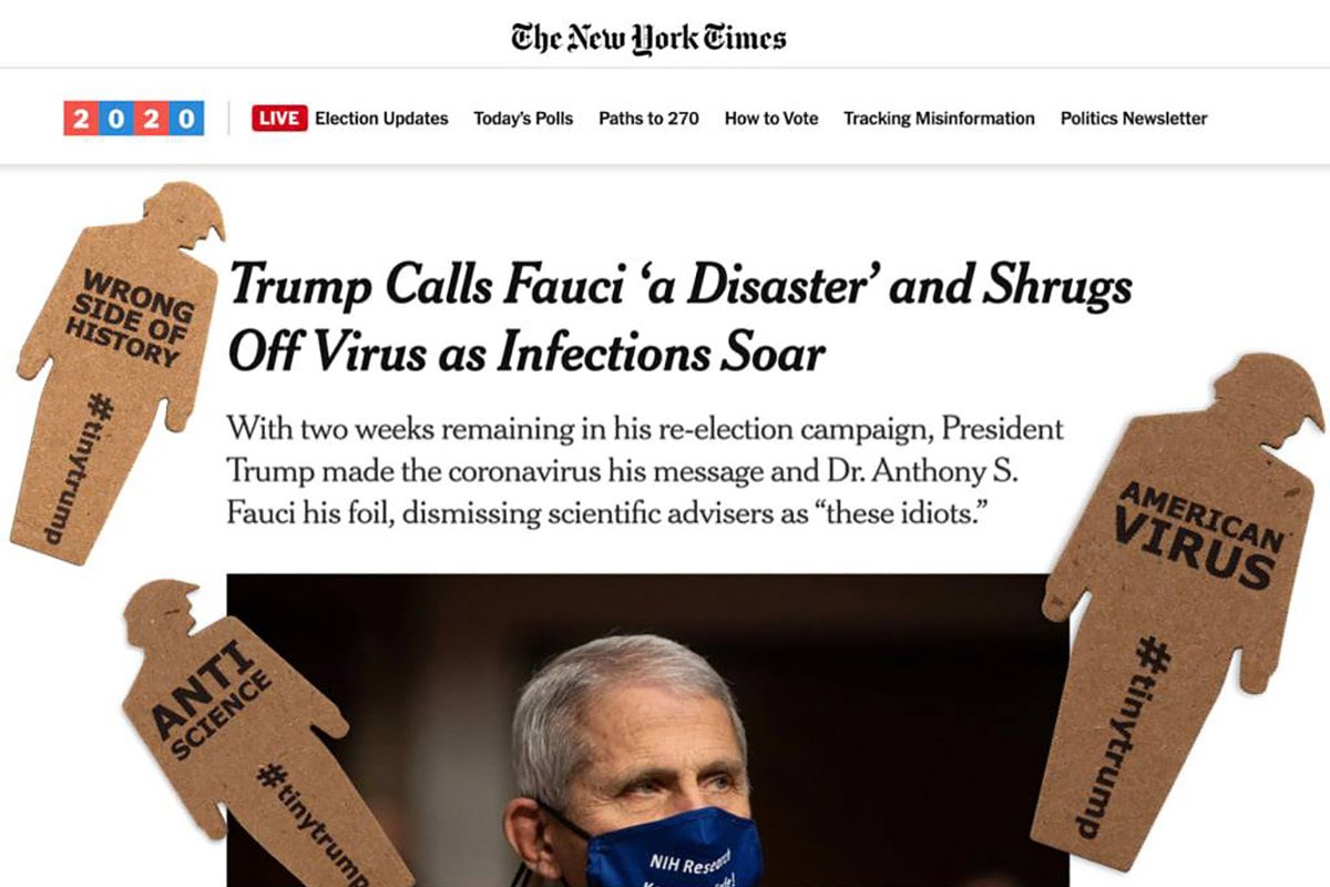 screenshot of New York Times article with tiny trumps digitally 'stuck' to it 