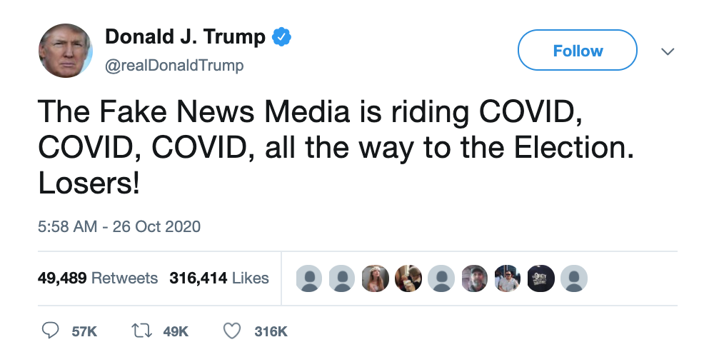Trump tweet that says: The Fake News Media is riding COVID, COVID, COVID, all the way to the Election. Losers!