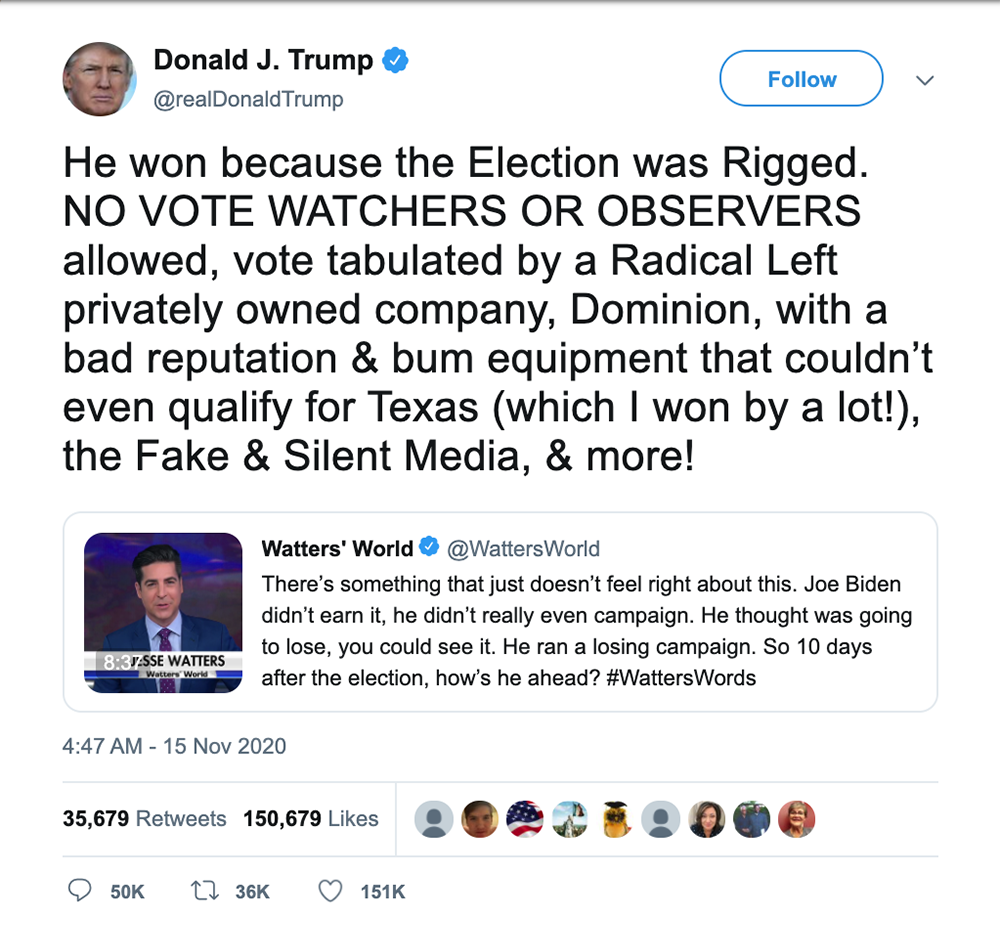 Trump tweet that says: He won because the Election was Rigged.
NO VOTE WATCHERS OR OBSERVERS allowed, vote tabulated by a Radical Left privately owned company, Dominion, with a bad reputation & bum equipment that couldn't even qualify for Texas (which won by a lot!), the Fake & Silent Media, & more!